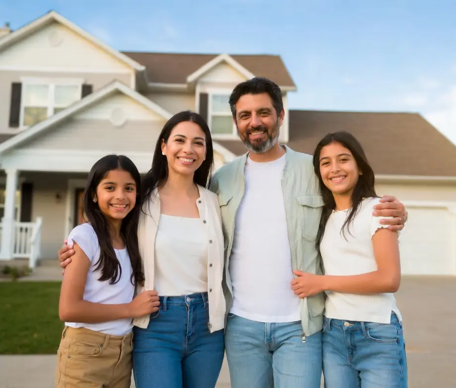 Familia hispana sonriente frente a su casa propia en Estados Unidos