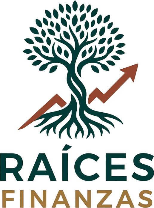 Logotipo de Raíces Finanzas: un árbol con raíces entrelazadas y una flecha de crecimiento